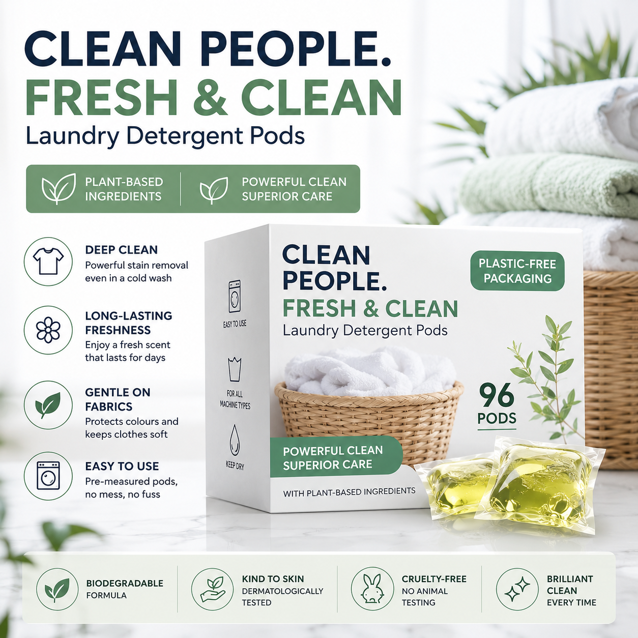 The Clean People Laundry Detergent Pods - Hypoallergenic Laundry Pods - Ultra Concentrated, Recyclable Packaging, Stain Fighting - Fresh Scent,