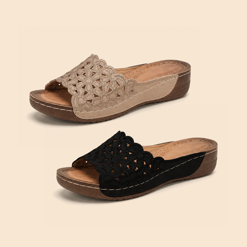 🏆𝙇𝘼𝙎𝙏 𝘿𝘼𝙔: 𝟴𝟬% 𝙊𝙁𝙁⭐⭐Women's Openwork Floral Embroidered Orthopedic Wedge Sandals