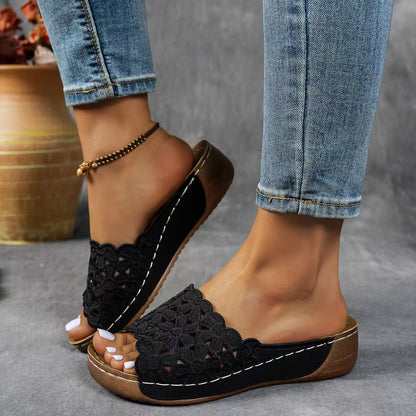 🏆𝙇𝘼𝙎𝙏 𝘿𝘼𝙔: 𝟴𝟬% 𝙊𝙁𝙁⭐⭐Women's Openwork Floral Embroidered Orthopedic Wedge Sandals