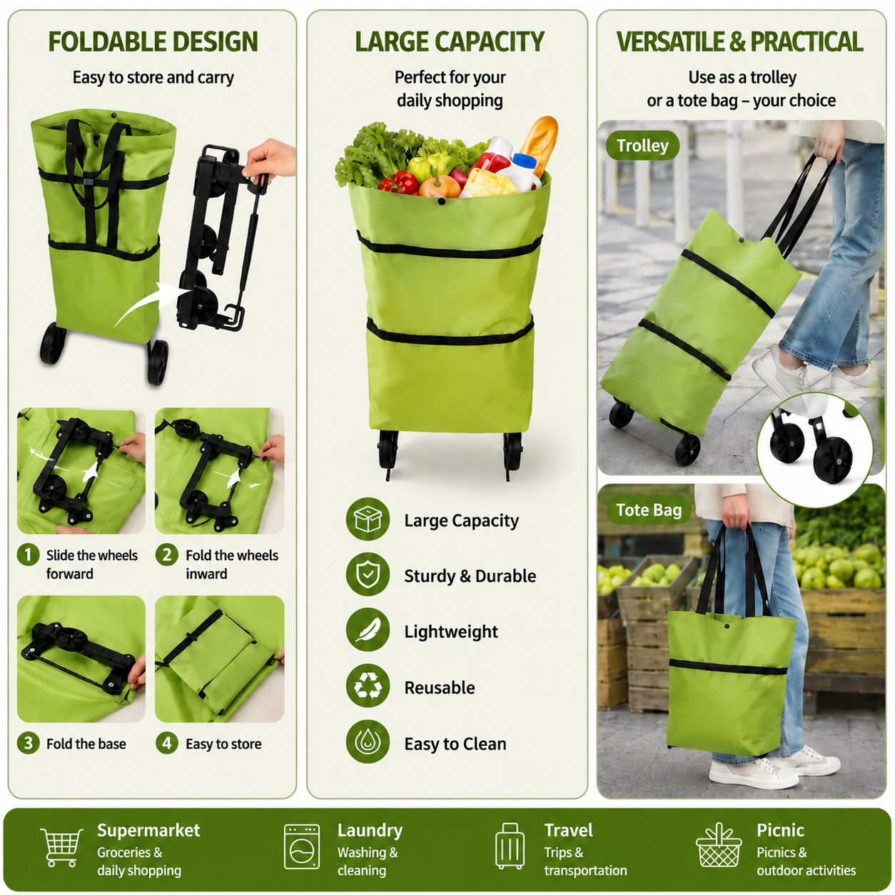 💖 New Foldable Shopping Trolley – Waterproof, Sturdy & 2-in-1 Carry Bag Design!